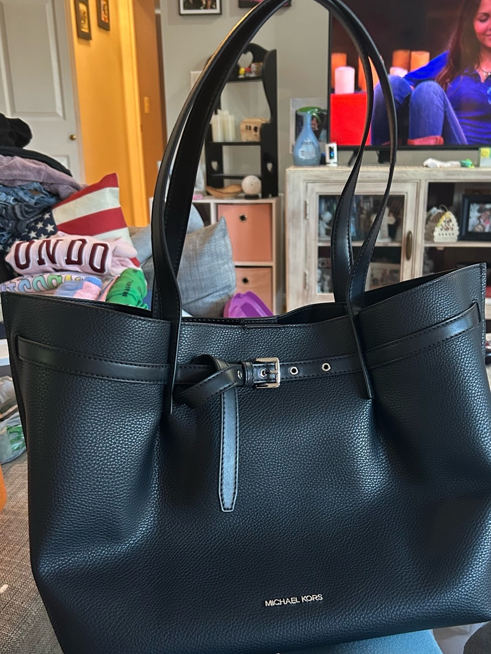 Michael Kors Black Emilia Textured Leather Tote with Belt Accent
